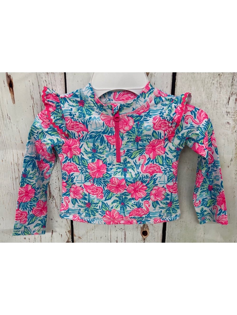 Tommy Bahama Girl’s Tropical Flamingo Pink Aqua Rashguard Swim Top Size 24M
